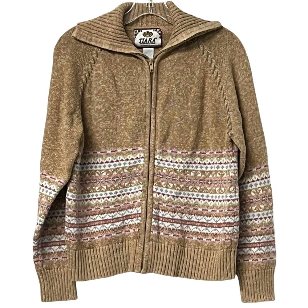 Tiara Full Zip Cardigan Collared Knitwear Sweater Women’s Large Multicolor Vtg